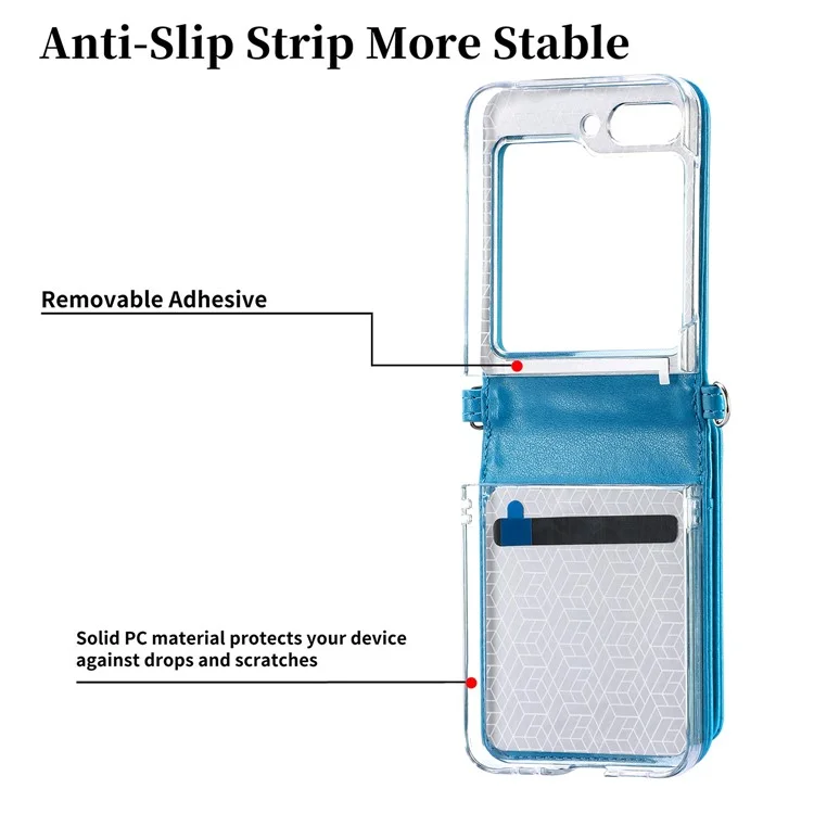 For Samsung Galaxy Z Flip6 5G Case Zipper Card Holder Leather Phone Cover with Long Strap - Blue