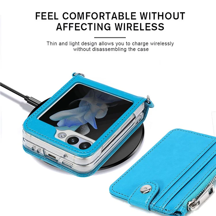 For Samsung Galaxy Z Flip6 5G Case Zipper Card Holder Leather Phone Cover with Long Strap - Blue