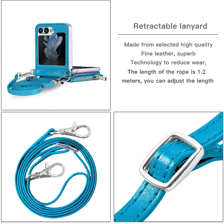 For Samsung Galaxy Z Flip6 5G Case Zipper Card Holder Leather Phone Cover with Long Strap - Blue