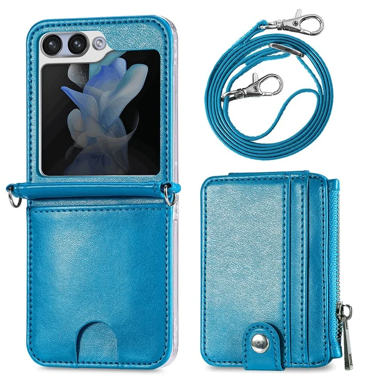 For Samsung Galaxy Z Flip6 5G Case Zipper Card Holder Leather Phone Cover with Long Strap - Blue