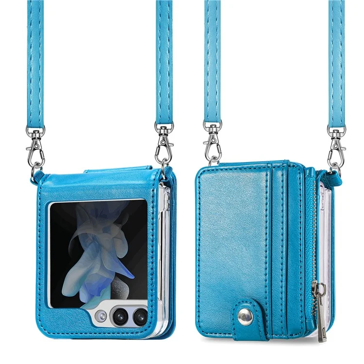 For Samsung Galaxy Z Flip6 5G Case Zipper Card Holder Leather Phone Cover with Long Strap - Blue