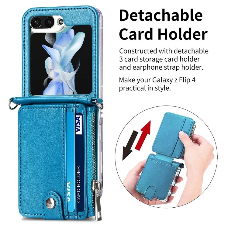 For Samsung Galaxy Z Flip6 5G Case Zipper Card Holder Leather Phone Cover with Long Strap - Blue