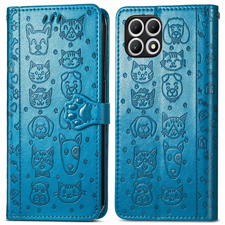 For T-Mobile REVVL 7 Case Cute Cat Dog Pattern PU Leather Phone Cover - Blue