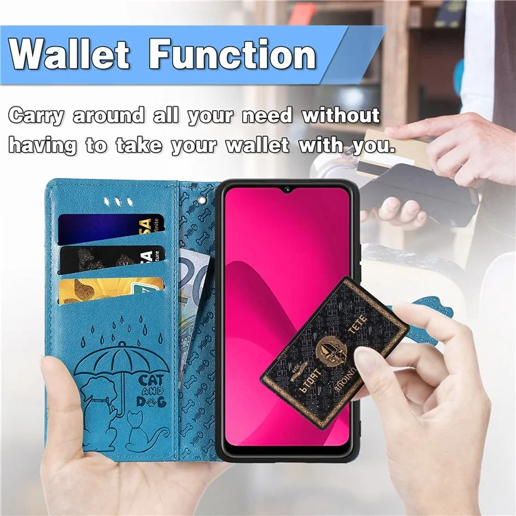 For T-Mobile REVVL 7 Case Cute Cat Dog Pattern PU Leather Phone Cover - Blue