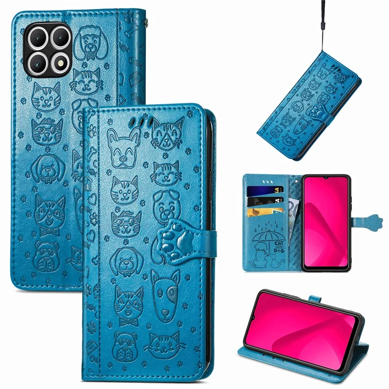 For T-Mobile REVVL 7 Case Cute Cat Dog Pattern PU Leather Phone Cover - Blue