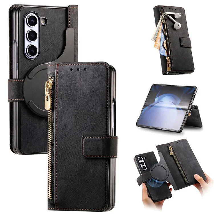 For Samsung Galaxy Z Fold6 5G Case Detachable PU+TPU Wallet Phone Cover with Zipper Pouch - Black