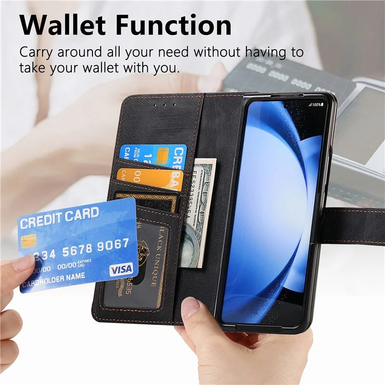 For Samsung Galaxy Z Fold6 5G Case Detachable PU+TPU Wallet Phone Cover with Zipper Pouch - Black