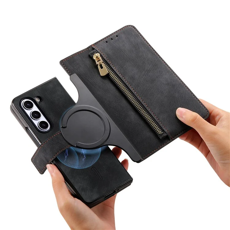 For Samsung Galaxy Z Fold6 5G Case Detachable PU+TPU Wallet Phone Cover with Zipper Pouch - Black