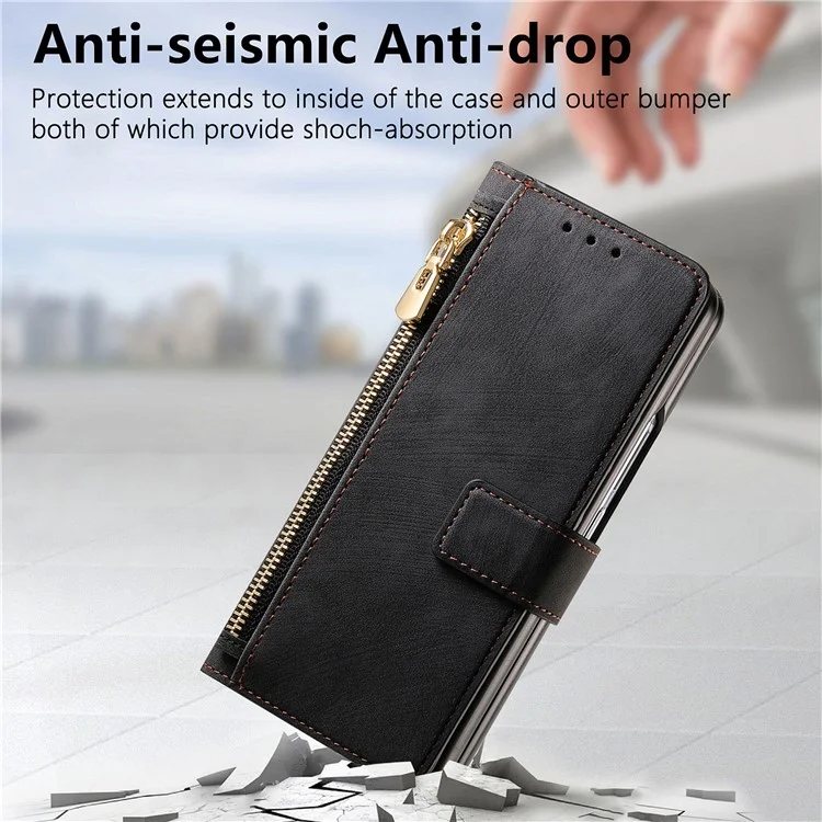 For Samsung Galaxy Z Fold6 5G Case Detachable PU+TPU Wallet Phone Cover with Zipper Pouch - Black