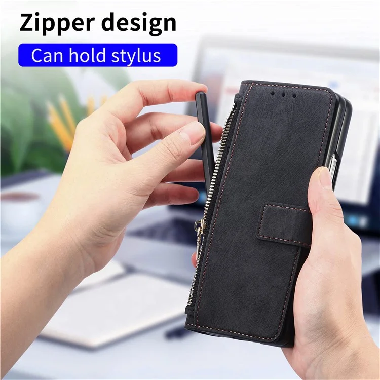 For Samsung Galaxy Z Fold6 5G Case Detachable PU+TPU Wallet Phone Cover with Zipper Pouch - Black