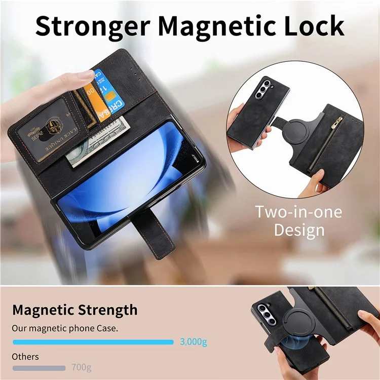 For Samsung Galaxy Z Fold6 5G Case Detachable PU+TPU Wallet Phone Cover with Zipper Pouch - Black