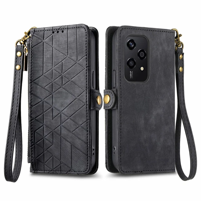 For Honor 200 Lite Phone Case Geometry Imprint Leather Zipper Wallet Stand Cover - Negro