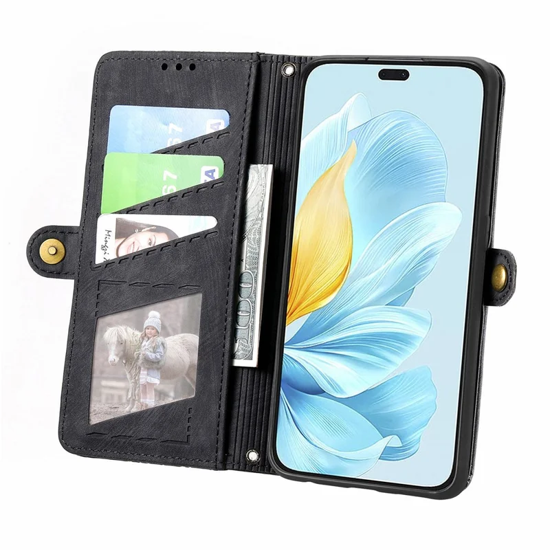 For Honor 200 Lite Phone Case Geometry Imprint Leather Zipper Wallet Stand Cover - Negro