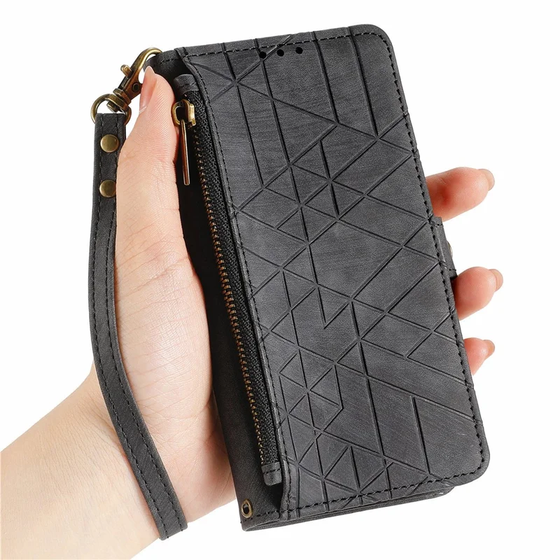 For Honor 200 Lite Phone Case Geometry Imprint Leather Zipper Wallet Stand Cover - Negro