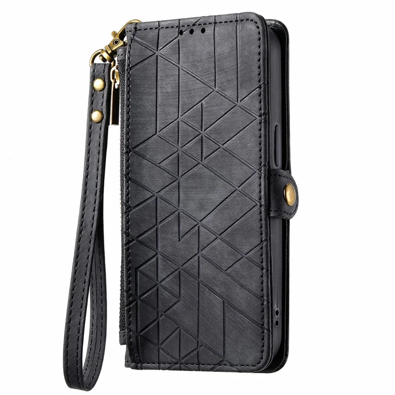 For Honor 200 Lite Phone Case Geometry Imprint Leather Zipper Wallet Stand Cover - Negro