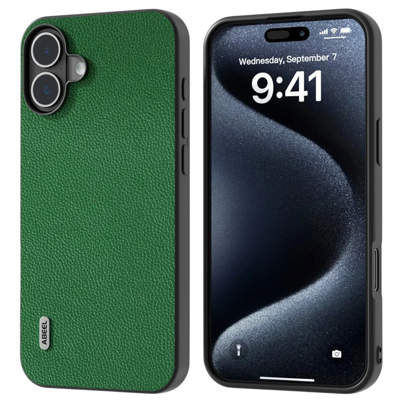 ABEEL For iPhone 16 Plus Case Litchi Texture Genuine Cow Leather+PC+TPU Phone Cover - Green
