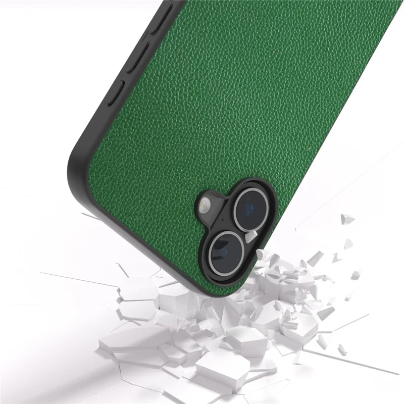 ABEEL For iPhone 16 Plus Case Litchi Texture Genuine Cow Leather+PC+TPU Phone Cover - Green
