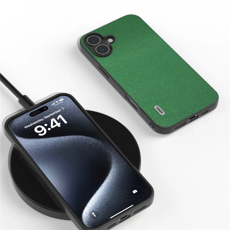 ABEEL For iPhone 16 Plus Case Litchi Texture Genuine Cow Leather+PC+TPU Phone Cover - Green