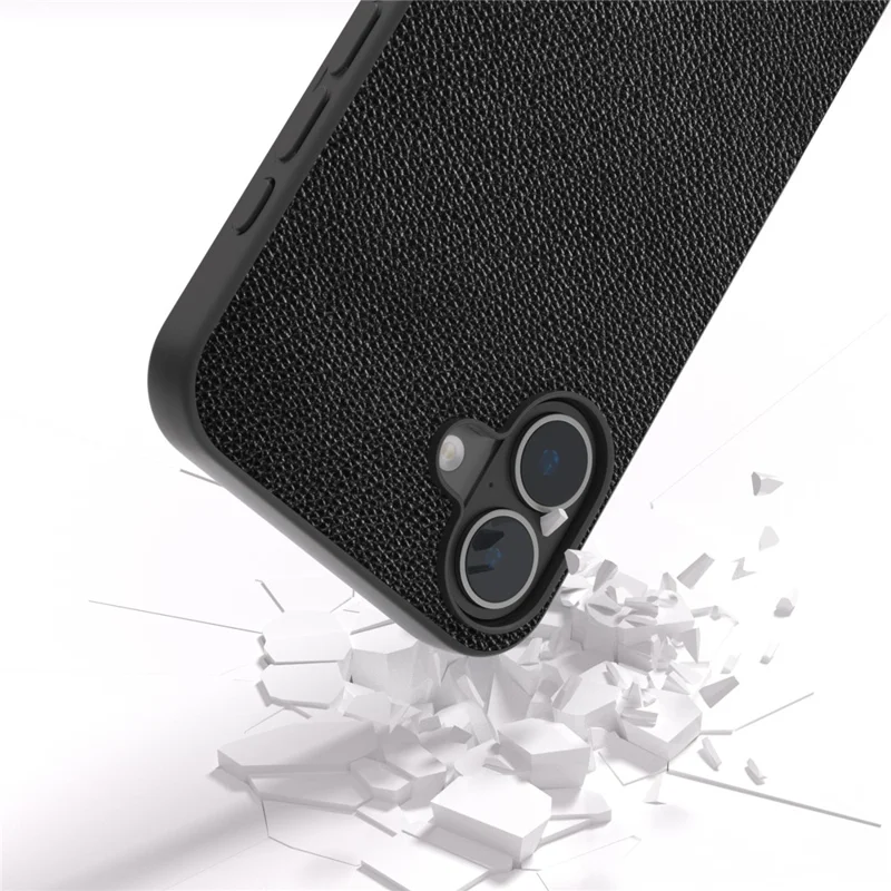 ABEEL For iPhone 16 Case Litchi Texture Genuine Cow Leather Hybrid Phone Cover - Black