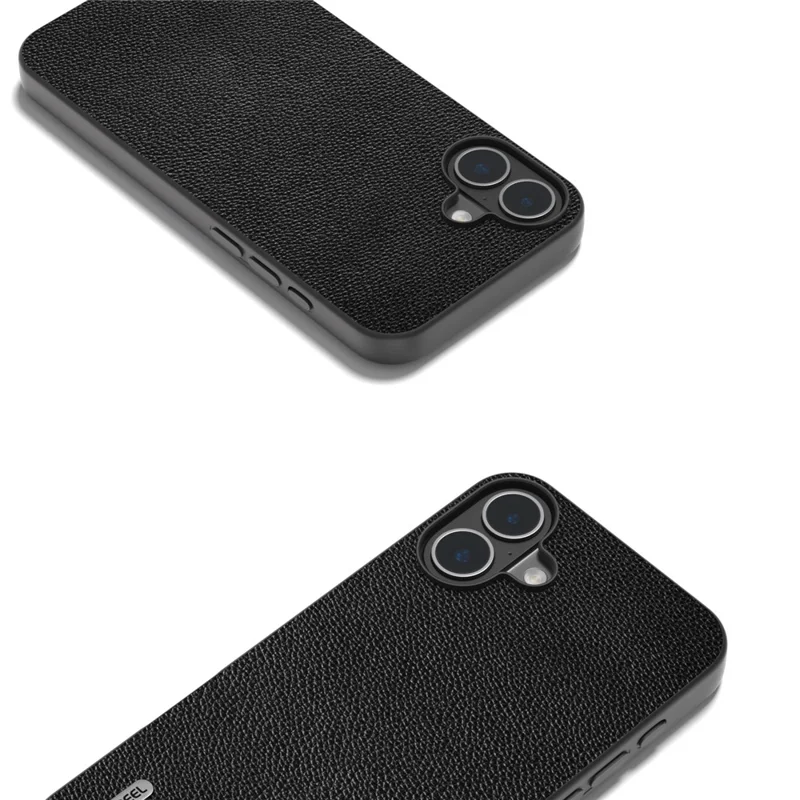 ABEEL For iPhone 16 Case Litchi Texture Genuine Cow Leather Hybrid Phone Cover - Black