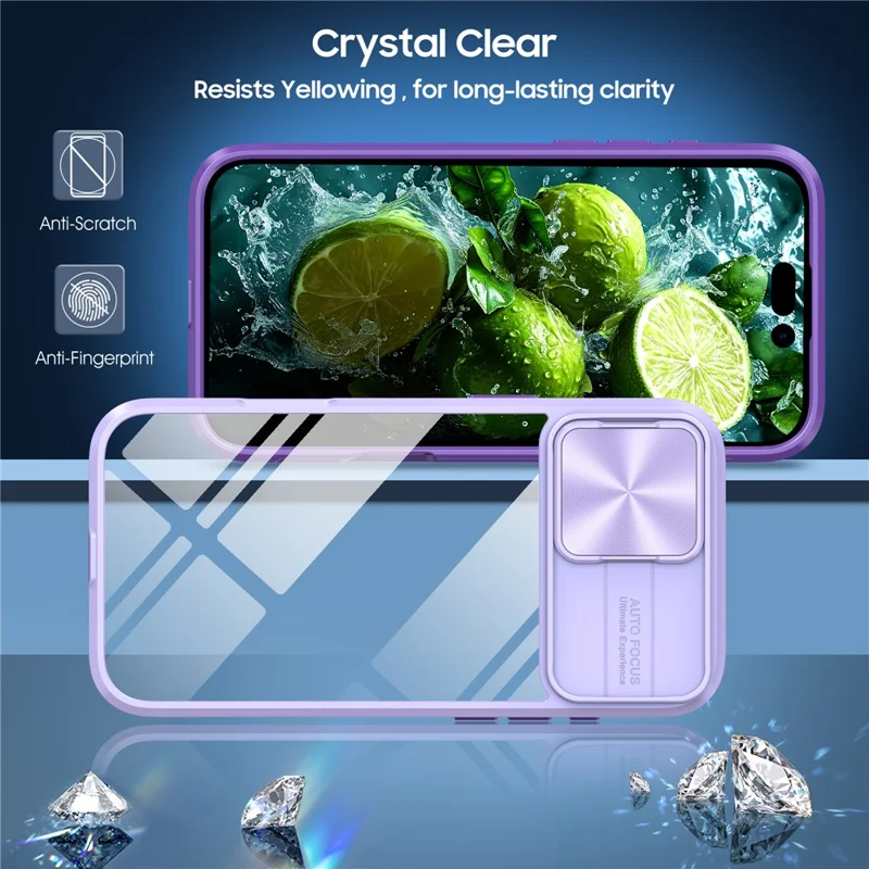 For iPhone 16 Plus Clear Case CD-Veins Camera Lens Sliding Lid TPU+PC Phone Cover - Purple