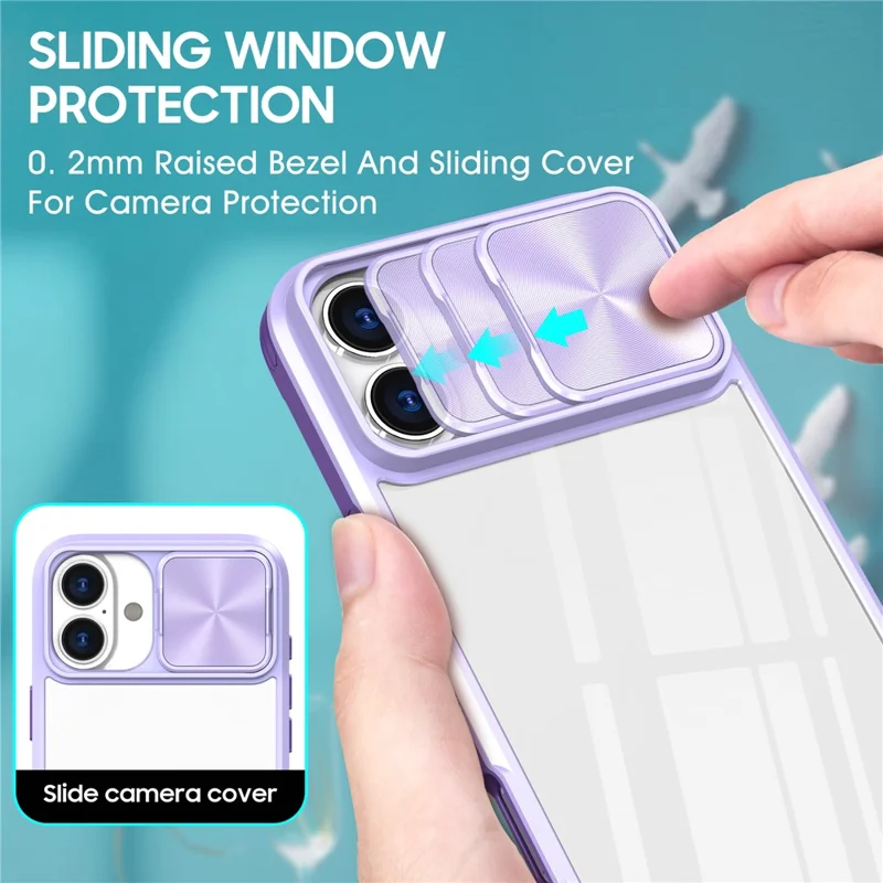 For iPhone 16 Plus Clear Case CD-Veins Camera Lens Sliding Lid TPU+PC Phone Cover - Purple