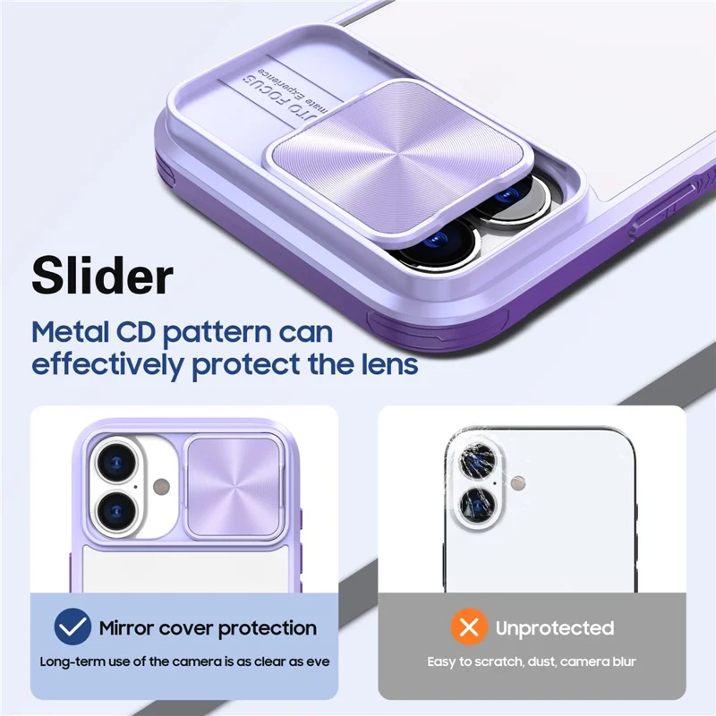 For iPhone 16 Plus Clear Case CD-Veins Camera Lens Sliding Lid TPU+PC Phone Cover - Purple