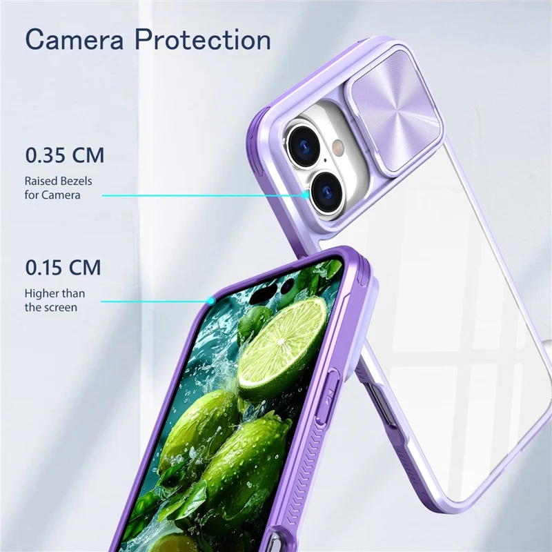 For iPhone 16 Plus Clear Case CD-Veins Camera Lens Sliding Lid TPU+PC Phone Cover - Purple