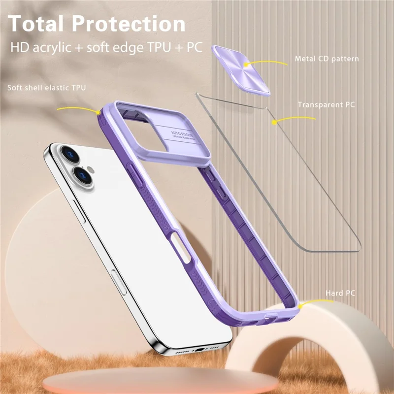 For iPhone 16 Plus Clear Case CD-Veins Camera Lens Sliding Lid TPU+PC Phone Cover - Purple