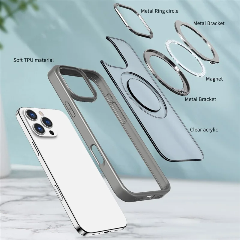 For iPhone 16 Pro Max Magnetic Case TPU+Acrylic Kickstand Phone Cover - Titanium Grey
