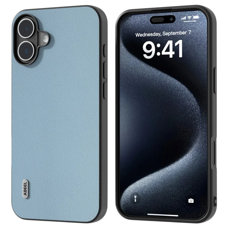 ABEEL Für iPhone 16 Plus Hülle Echtes Rindsleder Beschichtete PC+TPU Handyhülle - Sky Blue