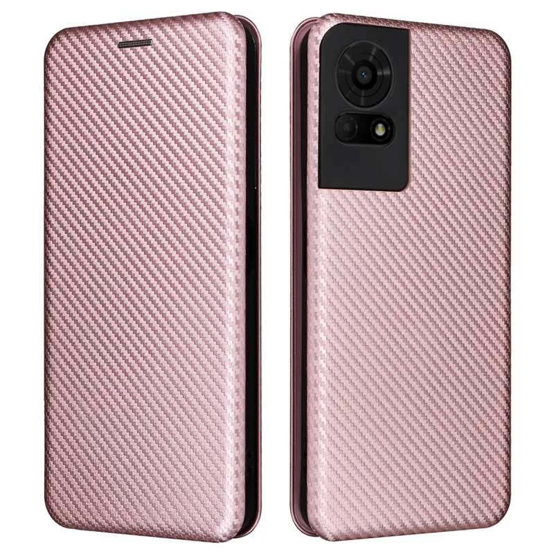 For TCL 50 LE Case Stand Card Holder Leather Folio Phone Cover Carbon Fiber Texture - Rose Gold