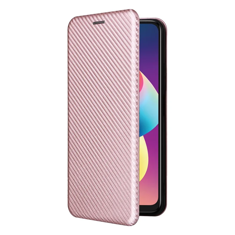 For TCL 50 LE Case Stand Card Holder Leather Folio Phone Cover Carbon Fiber Texture - Rose Gold
