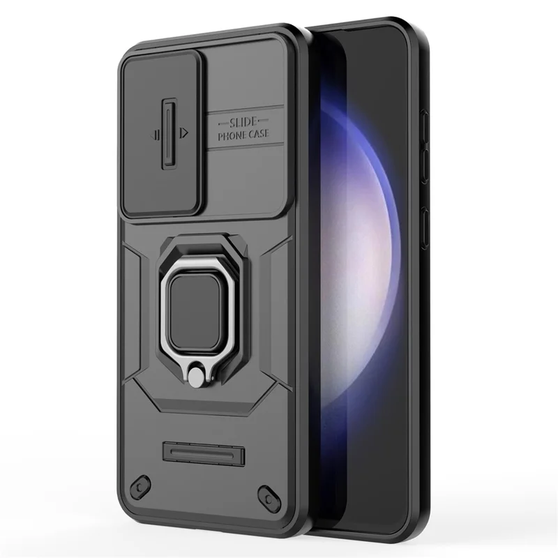 For Samsung Galaxy S24 FE Case Ring Kickstand PC+TPU Phone Cover Slide Camera Protection - Black