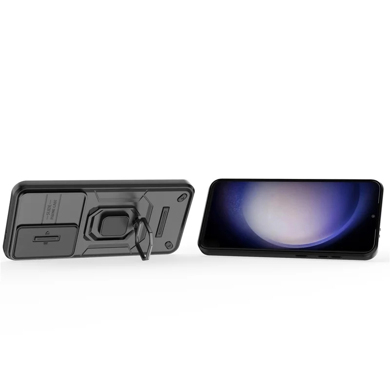 For Samsung Galaxy S24 FE Case Ring Kickstand PC+TPU Phone Cover Slide Camera Protection - Black