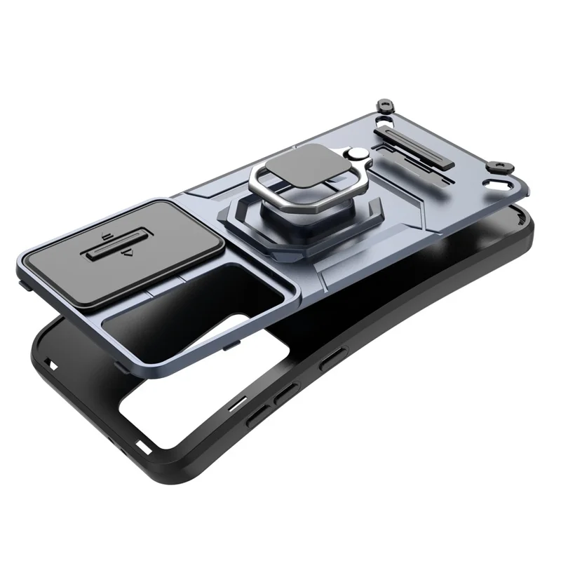 For Samsung Galaxy S24 FE Case Ring Kickstand PC+TPU Phone Cover Slide Camera Protection - Black