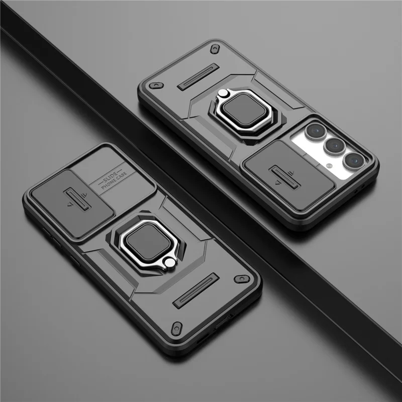 For Samsung Galaxy S24 FE Case Ring Kickstand PC+TPU Phone Cover Slide Camera Protection - Black