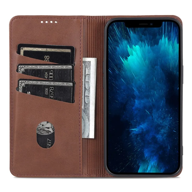 AZNS per iPhone 16 Pro Case Hidden Magnetic PU Leather Phone Cover Cowhide Texture - Coffee