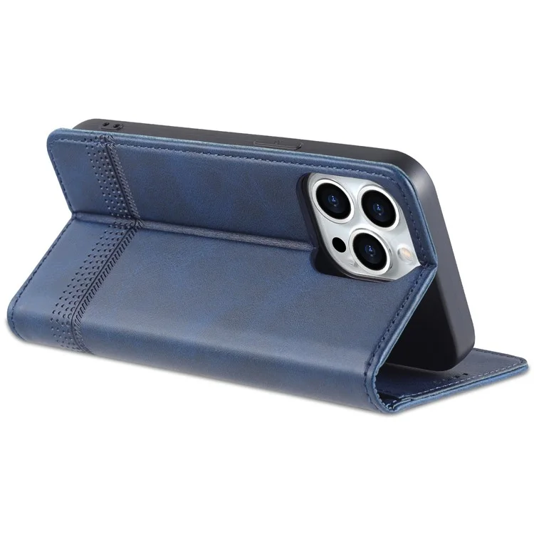 AZNS For iPhone 16 Pro Max Case Folio Wallet PU Leather Phone Cover Cowhide Texture - Blue