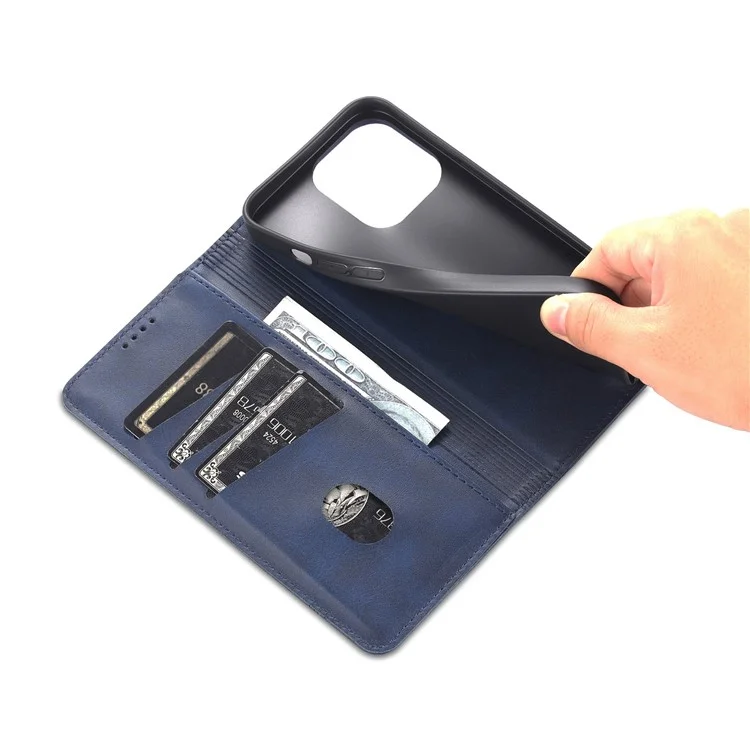 AZNS For iPhone 16 Pro Max Case Folio Wallet PU Leather Phone Cover Cowhide Texture - Blue