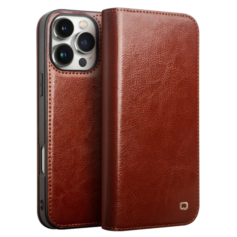 QIALINO For iPhone 16 Pro Max Case Genuine Cow Leather Card Slots Phone Cover - Brown