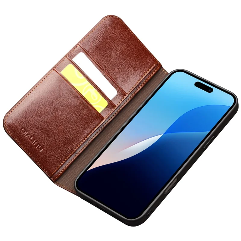 QIALINO For iPhone 16 Pro Max Case Genuine Cow Leather Card Slots Phone Cover - Brown