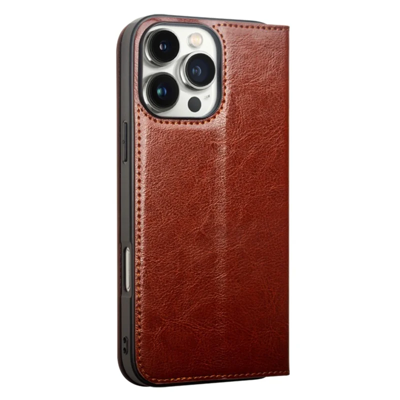 QIALINO For iPhone 16 Pro Max Case Genuine Cow Leather Card Slots Phone Cover - Brown