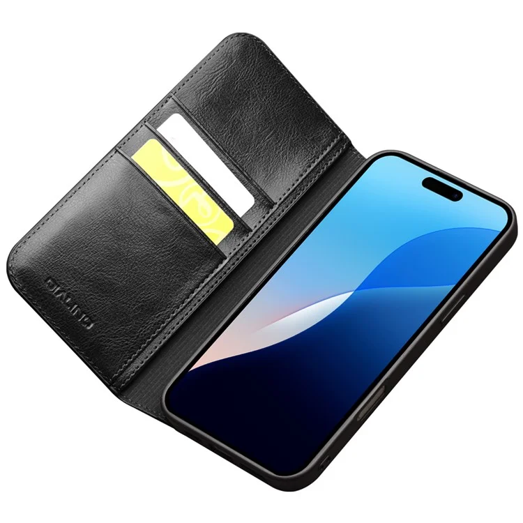 QIALINO Für iPhone 16 Pro Hülle Echtes Rindsleder Handyhülle mit Kartenfach - Schwarz