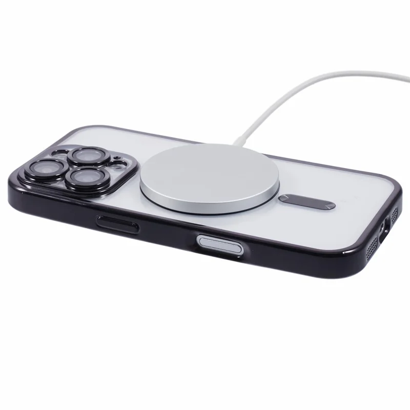 For iPhone 16 Pro Magnetic Case Soft TPU Electroplating Phone Cover with Lens Film - Black