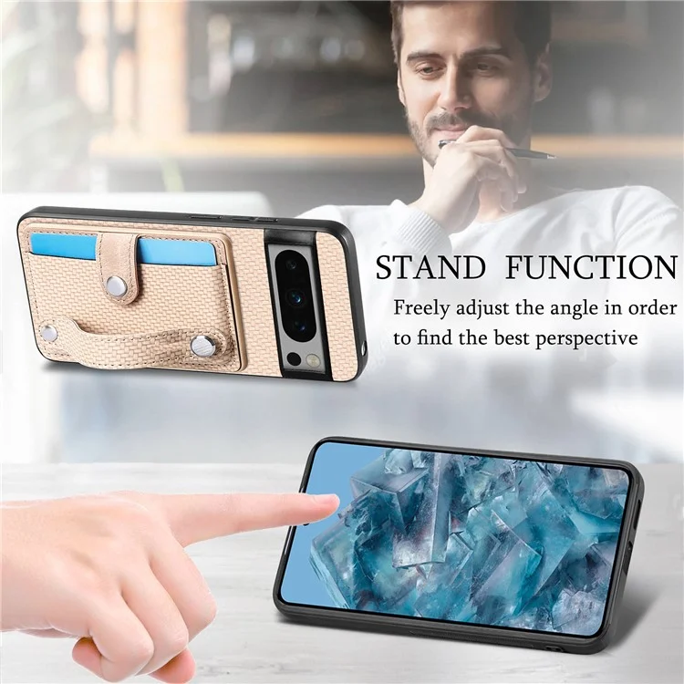 C1-01 For Google Pixel 8 Pro Case Card Holder Leather Back Cover Wristband Card Knife Tool - Khaki
