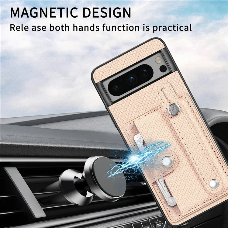 C1-01 For Google Pixel 8 Pro Case Card Holder Leather Back Cover Wristband Card Knife Tool - Khaki