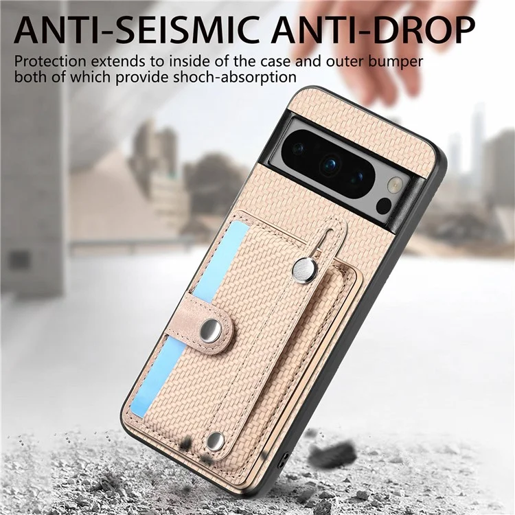 C1-01 For Google Pixel 8 Pro Case Card Holder Leather Back Cover Wristband Card Knife Tool - Khaki