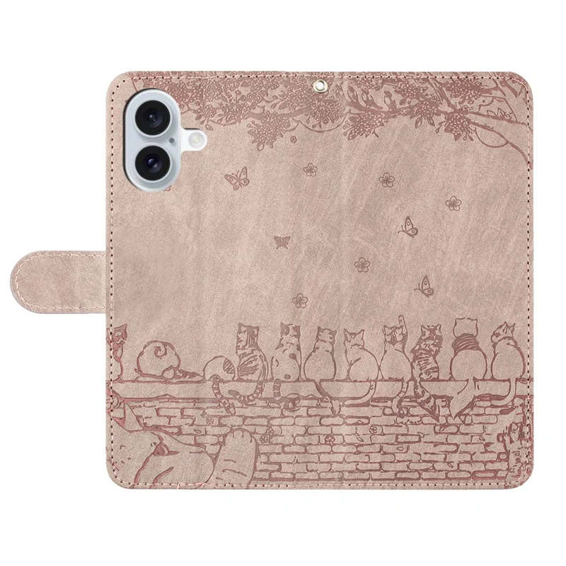 Voor iPhone 16 Plus hoesje met polsbandje Lederen telefoonhoes Muiskattenpatroon - Rookpaars