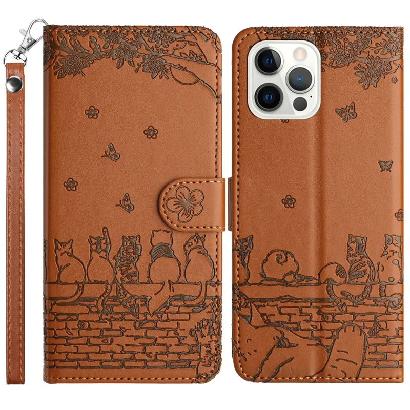 For iPhone 16 Pro Max Case with Wrist Strap Leather Phone Cover Wall Cats Pattern - Brown
